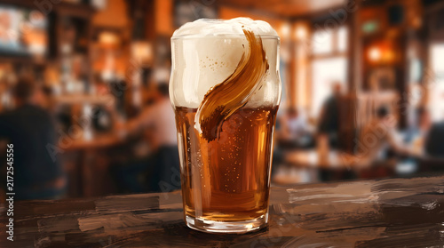 Fresh draft beer glass in pub interior digital painting