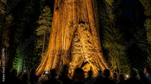 Massive illuminated trunk of a giant sequoia tree at night with a crowd of silhouetted tourists photographing the ancient redwood in a dark forest at Sequoia National Park.