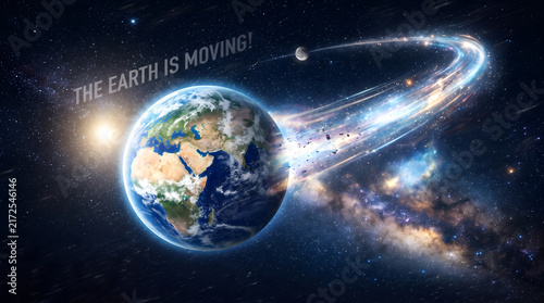 Planet earth moving through space with moon and stars background
