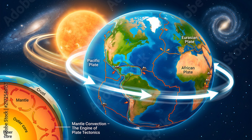 Tectonic plates and earth layers science diagram infographic