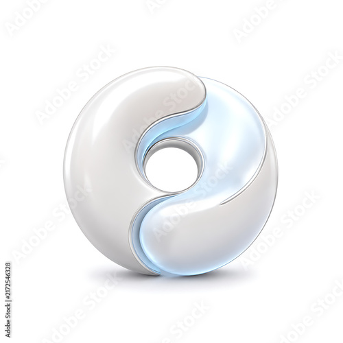 Glossy white and blue abstract yin yang inspired circular symbol