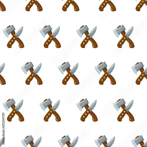 Seamless pattern with crossed axes and camping knives on white background. Outdoor equipment print