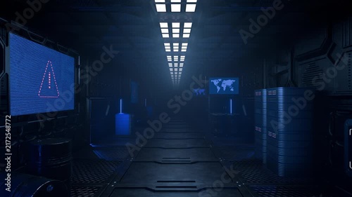 A camera pans through a futuristic tunnel with light screens. A futuristic spaceship, a tunnel corridor with reflective metal surfaces, and an infinite perspective. Seamless animation.