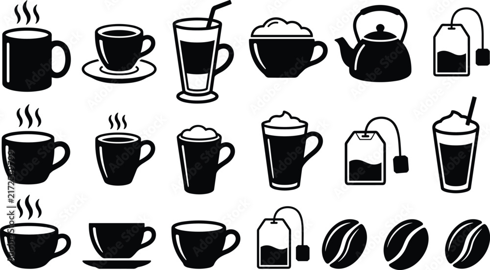 Fototapeta premium Hot beverages and coffee shop solid glyph icons set for cafe menu design breakfast drinks and restaurant branding