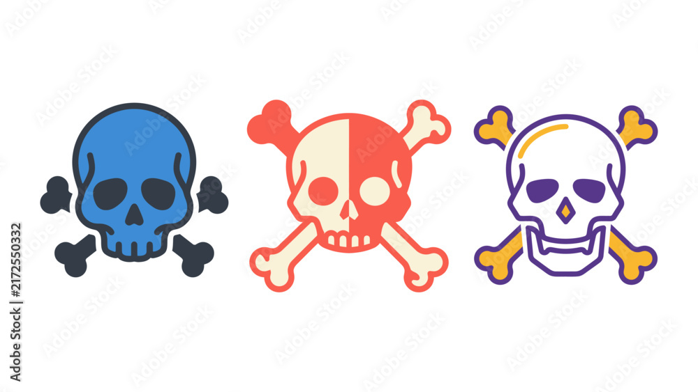 Fototapeta premium Three skull crossbones in different colors isolated on plain white background
