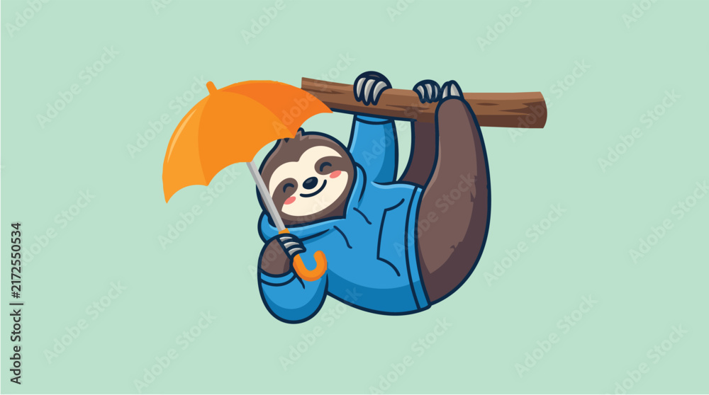 Naklejka premium Sloth holding orange umbrella on branch