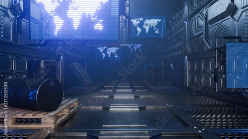 A camera pans through a futuristic tunnel with light screens and metal barrels. A futuristic spaceship, a tunnel corridor with reflective metal surfaces and an infinite perspective. Seamless animation