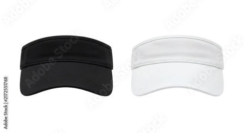 Two realistic athletic sports visors one black and one white shown side by side for comparison of essential headwear options  