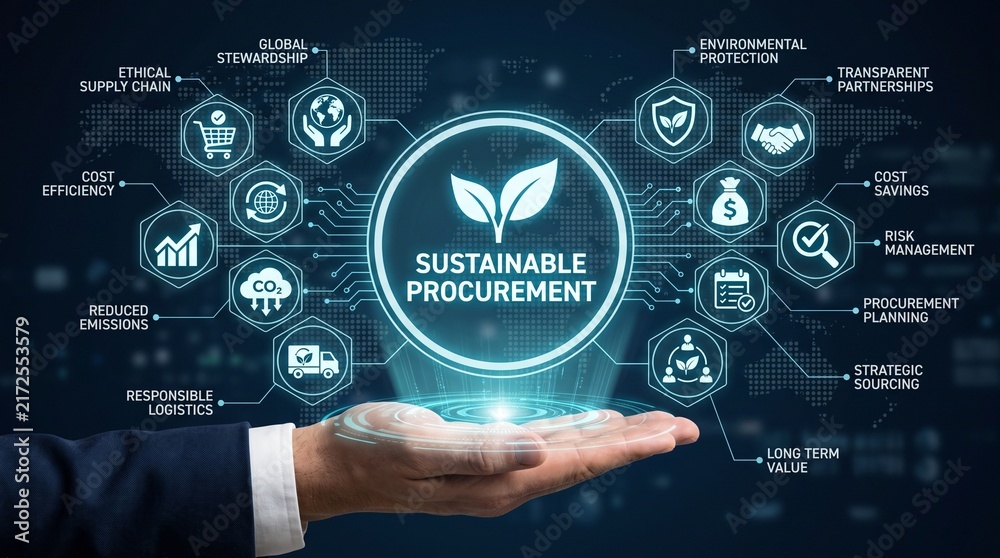 Obraz premium Businessman presenting sustainable procurement and ethical supply chain concept