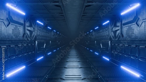 A futuristic corridor with blue neon light. A futuristic spaceship, a tunnel corridor with reflective metal surfaces and an infinite perspective. Seamless animation of a futuristic background.