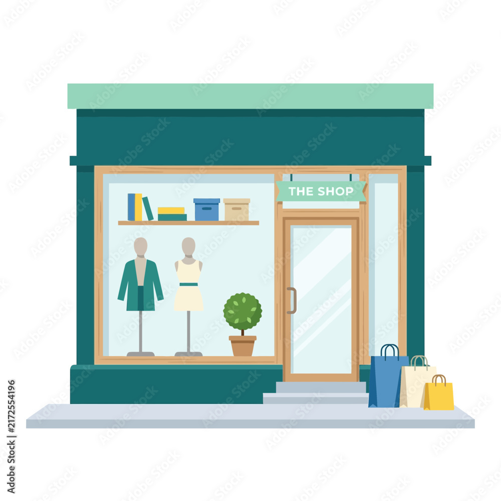 Naklejka premium Modern Clothing Boutique Store Front Facade with Mannequins and Shopping Bags Illustration