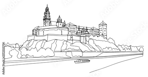 Foto Wawel Royal Castle and Vistula river in Krakow Poland continuous line art