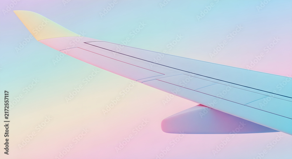 Obraz premium Airplane wing in pastel gradient sky-dreamy travel and abstract aviation