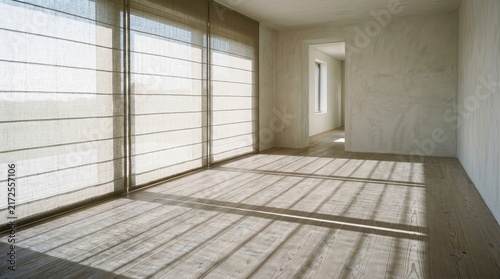Empty modern room with rhythmic window shadows on wooden floor
