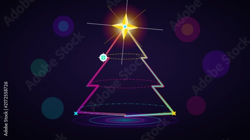 Neon Christmas Tree Line Art Animation with Glowing Star in Dark Night