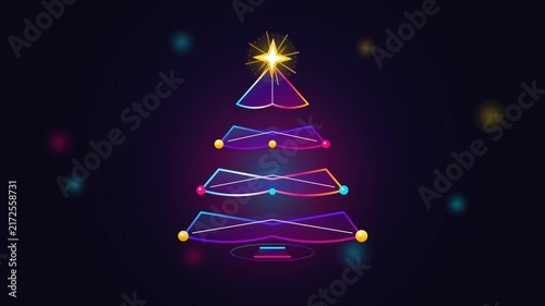 Neon digital festive fir geometry building with glowing light star animation
