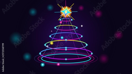 Neon glowing abstract holiday pine shape with spinning colorful light rings and glowing star topper