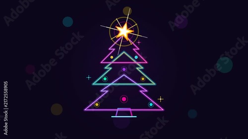 Neon Glowing Christmas Tree Animation with Festive Lights on Dark Background