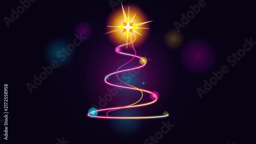 Neon light Christmas tree animation with glowing star and colorful glowing spheres on dark background