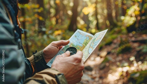Person holding map and compass, navigating through a sun-dappled forest