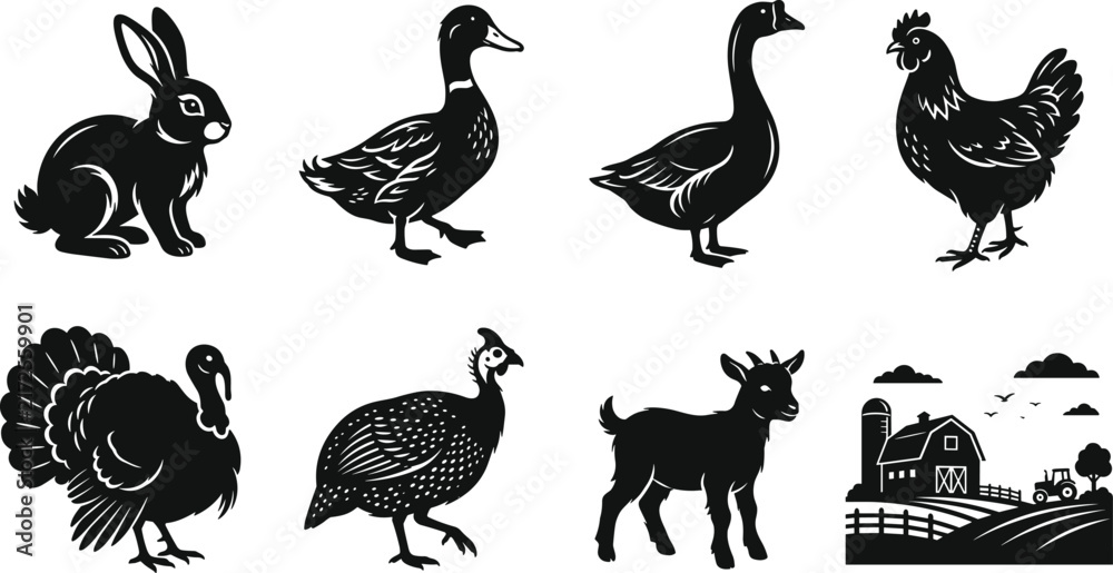 Obraz premium Farm animals and livestock vector set featuring rabbit, duck, goose, hen, turkey, guineafowl, kid goat, and barn landscape