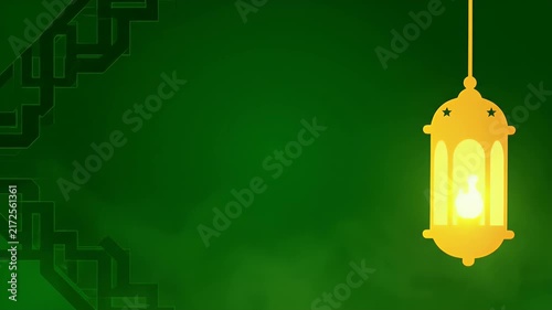 Ramadan Kareem background design with glowing golden lantern and traditional geometric patterns on green