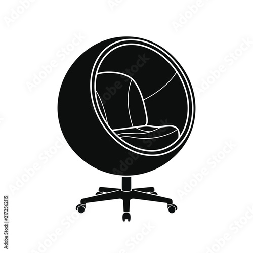 Black and white silhouette of a modern spherical pod chair on a wheeled office base, futuristic furniture design icon