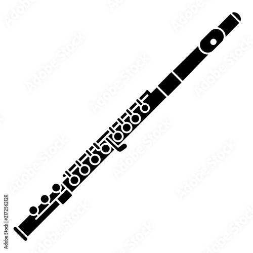 Simple Black Flute Icon Vector Illustration. Classic Woodwind Musical Instrument Silhouette Isolated on White Background.