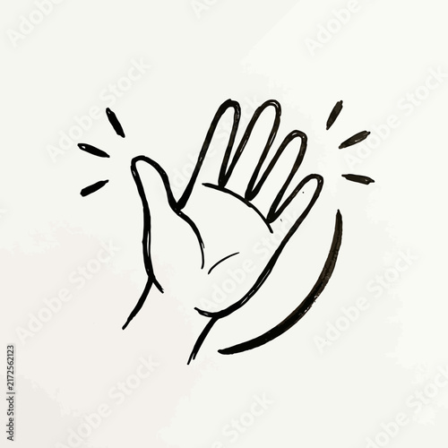 Simple hand drawn waving gesture or high five illustration. Black and white doodle sketch of an open palm with energy lines.