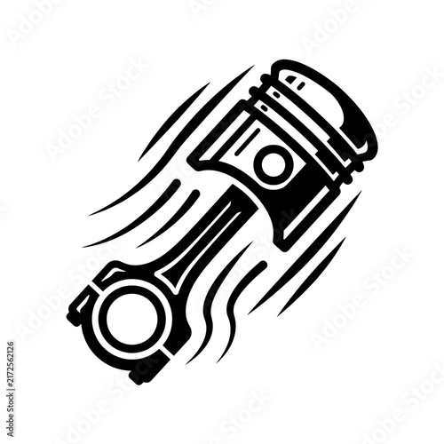 Stylized black and white piston icon with connecting rod and motion lines, representing engine power, speed, and automotive mechanics