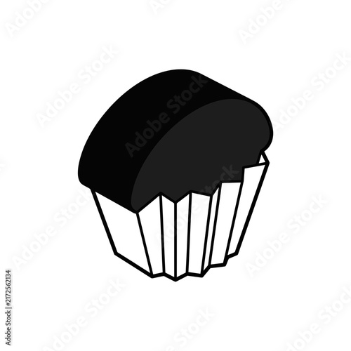 Stylized black and white vector icon of a sweet cupcake or muffin in a fluted paper liner, isolated graphic element on white
