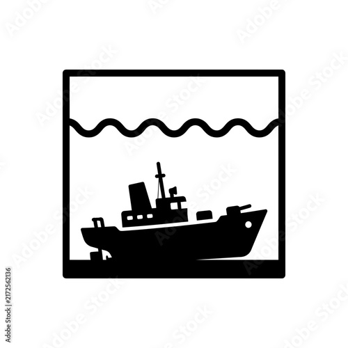 Black silhouette vector icon of a sunken ship underwater with waves, representing a shipwreck or maritime disaster.