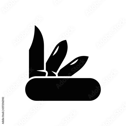 Multi-tool pocket knife icon, versatile utility and survival gadget symbol, black silhouette vector graphic, camping equipment.
