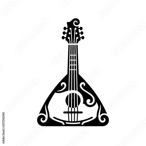 Elegant Stylized Black Mandolin Silhouette Illustration on White Background, Vintage String Instrument Music Icon