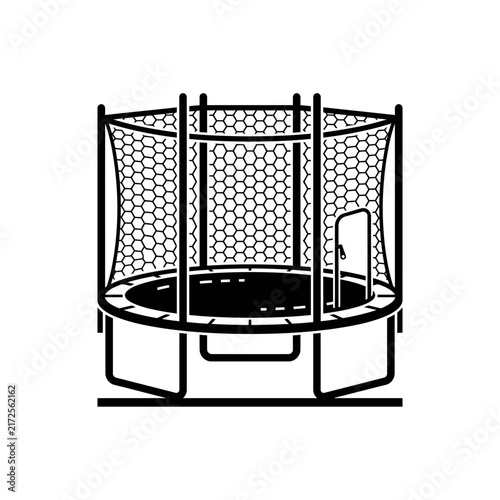 Trampoline with safety net icon. Recreational jumping equipment for backyard fun. Simple black and white vector silhouette illustration of outdoor play.