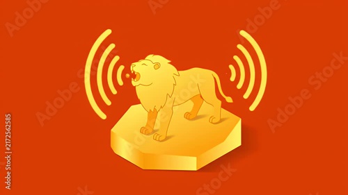 Golden lion roar on podium with signal icons representing leadership and communication concept