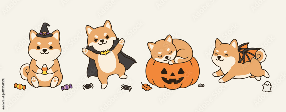 Obraz premium Cute Halloween Shiba Inu Dog Collection in Costumes and Pumpkin