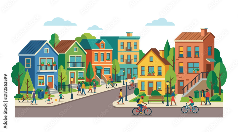 Fototapeta premium Colorful Neighborhood Flat Vector Illustration with People Walking and Cycling