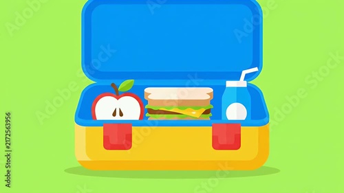 Flat illustration of an open school lunchbox with sandwich, apple, and juice pack on green background