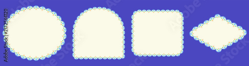 Cream folk floral lace borders outline oval, arch, square plus diamond frames on royal blue with orange green embroidery trim as vintage decorative set isolated for wedding invitations or labels.