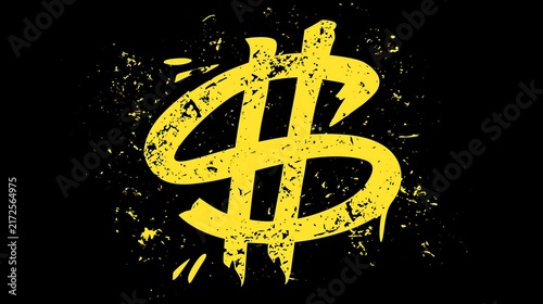 Bold yellow dollar sign icon with a rough grunge texture against a black background. Ideal for finance, urban culture, and wealth marketing concepts.