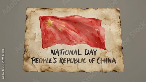 Waving Flag of China on Vintage Paper for National Day Celebration