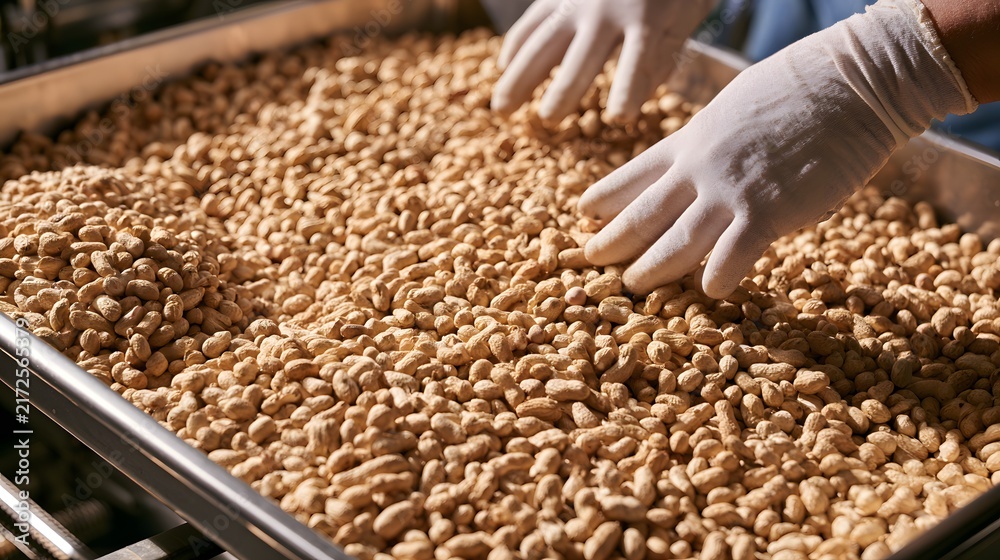 Obraz premium Gloved hands sorting roasted peanuts on stainless steel tray in food processing facility.