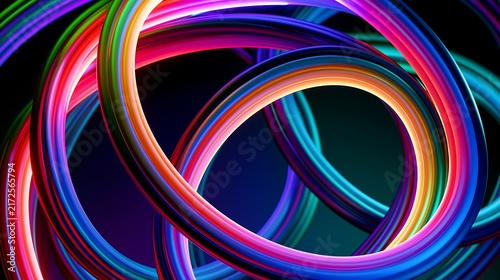 Abstract 3D rendering of glowing colorful rings and twisted loops with vibrant gradients. Perfect for modern technology and creative design backgrounds.