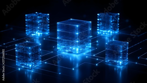 Futuristic Blue Glowing Digital Cubes Representing Blockchain Network Data Center and Cloud Computing Infrastructure