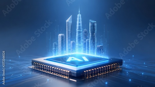 Minimalist Holographic Blue City Skyline Projecting Upwards from Advanced AI Microchip Processor Surface