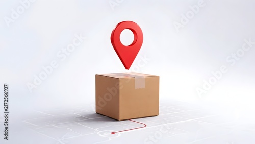 Minimalist 3D Render of Cardboard Delivery Box with Red Location Pin on Map Grid Representing Package Tracking
