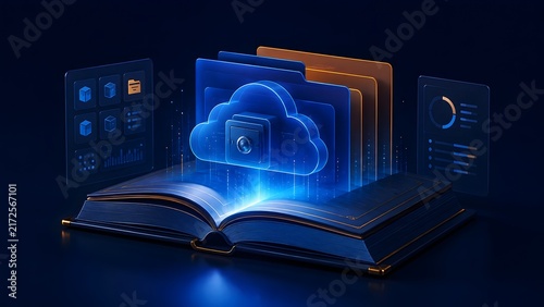 Futuristic Digital Archiving Concept with Glowing Blue Cloud Vault Emerging from an Open Book in Cyberspace
