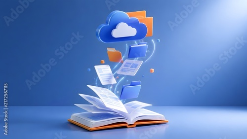 3D Cloud Upload Concept with Digital Documents and Folders Floating Upwards from an Open Orange Book