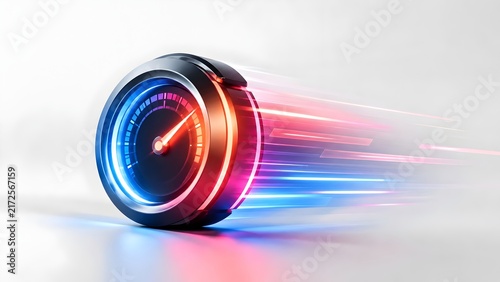 Futuristic Neon Speedometer Gauge with Glowing Light Trails Representing High Speed Performance and Data Acceleration